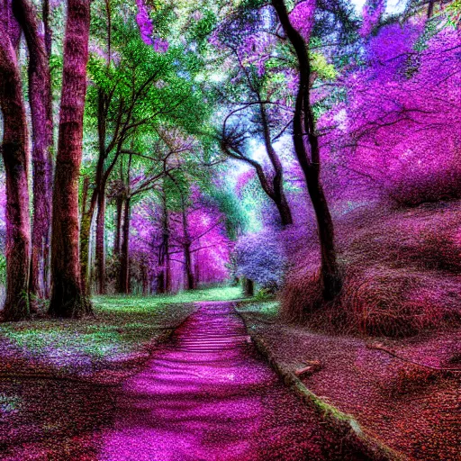 Prompt: infra-red, color, photography, forest, purple, blue, yellow, filtered, dappled, path, quaint, calming
