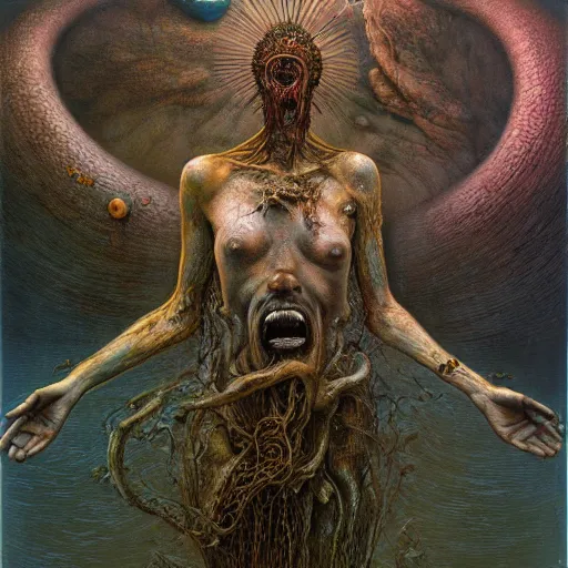 Image similar to the divine wrath of god, body horror, biopunk, oil on canvas, creative design, by zdzisław beksinski, marco mazzoni, peter gric