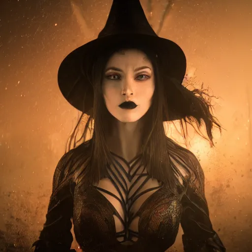 Image similar to full body pose, hyperrealistic photograph of attractive witch, dim volumetric lighting, 8 k, octane beautifully detailed render, extremely hyper detailed, intricate, epic composition, cinematic lighting, masterpiece, trending on artstation, very very detailed, masterpiece, stunning, hdr, smooth, sharp focus, high resolution, award, winning photo, dslr, 5 0 mm