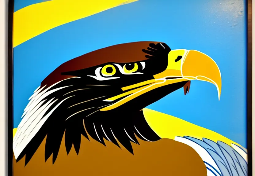 Prompt: action shot of bald eagle with fish, black and yellow and white framed painting hanging in living room, charles camoin, cel shading