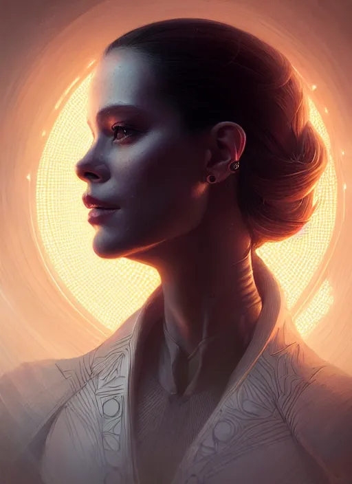 Image similar to portrait of drone host from westworld, intricate, elegant, glowing lights, highly detailed, digital painting, artstation, glamor pose, concept art, smooth, sharp focus, illustration, art by artgerm and greg rutkowski, artey freytag