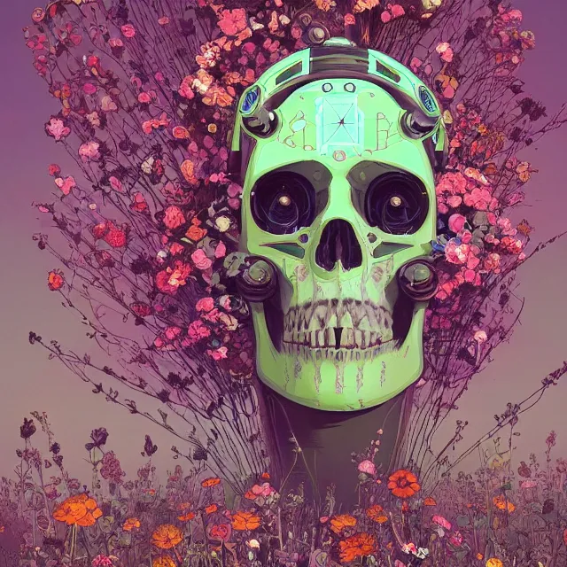 Prompt: a beautiful portrait painting of a ( ( ( cyberpunk ) ) ) robot skull in a field of flowers by simon stalenhag and pascal blanche and alphonse mucha!! and nekro. in style of digital art. colorful comic, film noirs, symmetry, brush stroke, vibrating colors, hyper detailed. octane render. trending on artstation