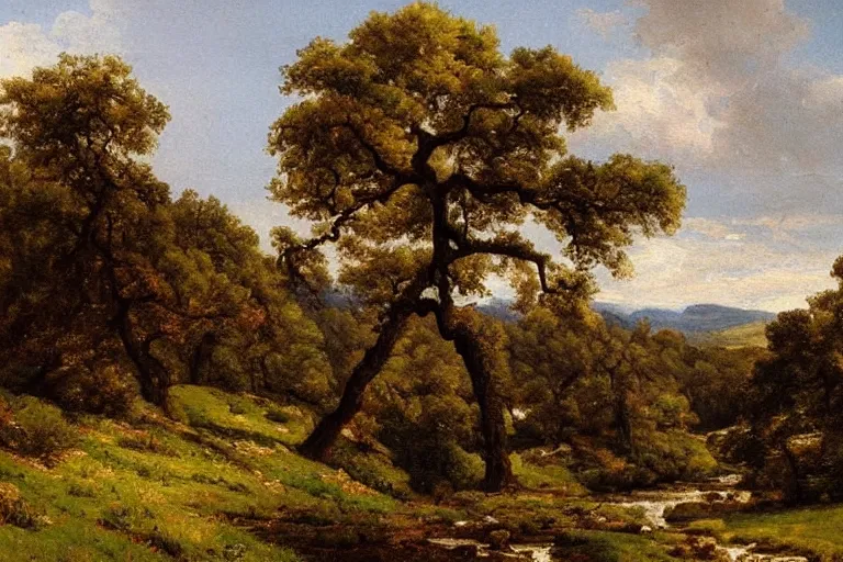 Image similar to masterpiece painting of oak trees on a hillside overlooking a creek, by arthur frank mathews