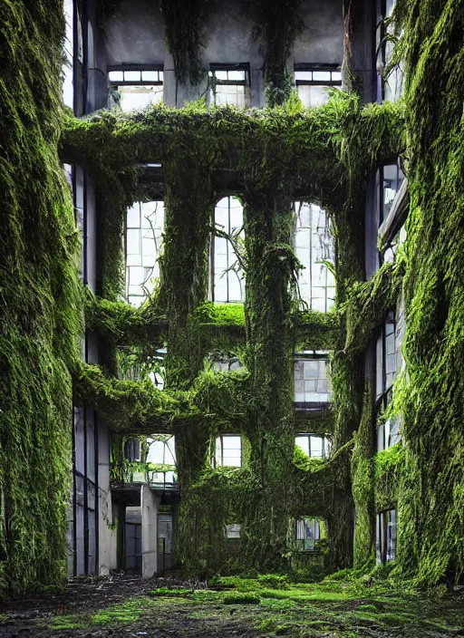 Image similar to “derelict architecture single building , the windows are covered in moss with growing vines, building designed by architect Zaha Hadid, architecture digest, building surrounded in a luxury environment, bright tones, fluorescent lighting,volumetric Lighting, photorealism, high detail, golden ratio, cinematic, octane renderer”