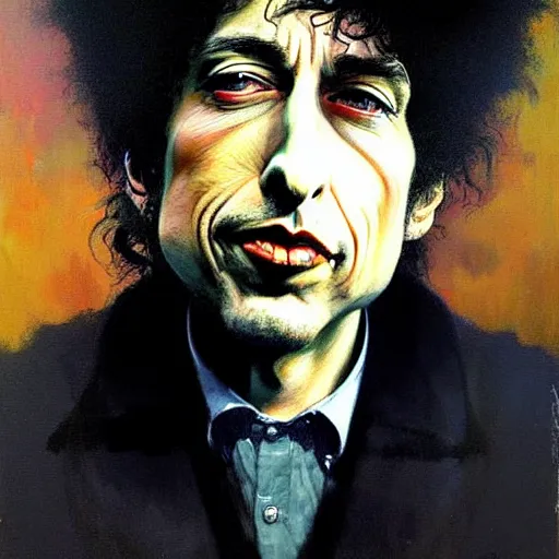 Prompt: exaggerated funny caricature portrait of bob dylan, detailed face, detailed painting, epic lighting, by ilya repin, phil hale and kent williams