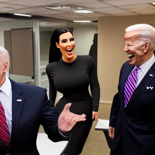 Image similar to stock photo of kim kardashian, and joe biden wearing suits and ties laughing in an office building, 8k resolution, full HD, cinematic lighting, award winning, anatomically correct