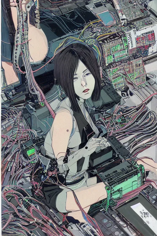 Prompt: an hyper-detailed cyberpunk illustration of a female bob cut android seated on the floor in a tech labor, seen from the side with her body open showing cables and wires coming out, by masamune shirow, and katsuhiro otomo, japan, 1980s, centered, colorful