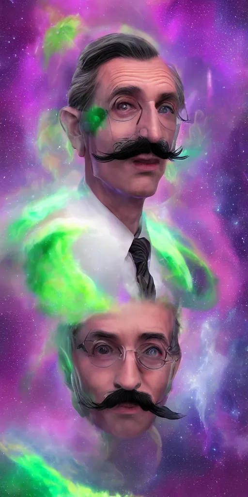 Image similar to a wizard with a salvador dali moustache in space, purple and green colors, digital painting, volumetric lighting, 8k, artstation