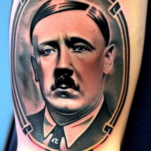 Image similar to tattoo of adolf hitler and coat of arms of ukraine many details, super realistic, high quality, 8 k