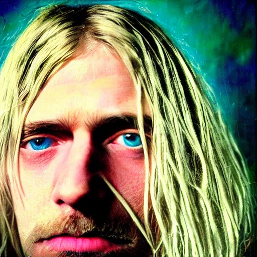 Image similar to colour masterpiece surreal closeup portrait photography of kurt cobain by felix kelly and annie leibovitz and michael cheval, deviantart, 8 k