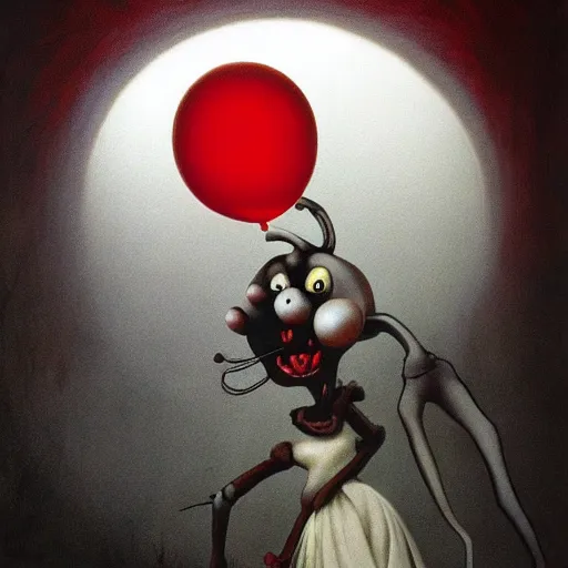 Image similar to painting of bugs bunny with a wide smile and a red balloon by Zdzisław Beksiński, loony toons style, pennywise style, corpse bride style, creepy lighting, horror theme, detailed, elegant, intricate, conceptual,