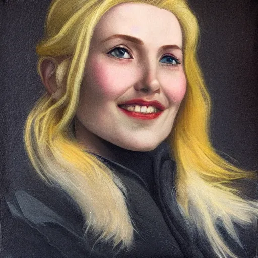 Image similar to a happy smiling loving blond beautiful pirate captain gazing into the horizon in the style of mary jane ansell.