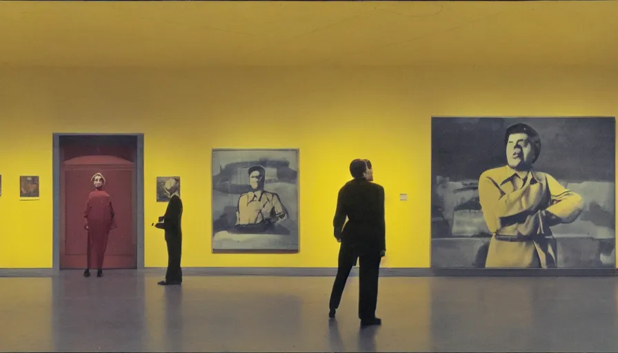 Image similar to 60s movie still of a sovietic stalinist style empty art museum with a soviet congress with yellow wall, super 8 film, liminal Space style, heavy grain