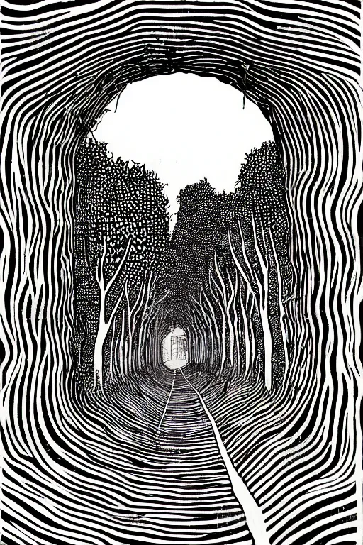 Image similar to surreal tunnel made of books and leaves and vines, art by james o barr and albrecht durer, surreal woodcut engraving, black and white, vector, vector art