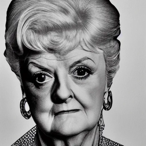 Image similar to black and white portrait of dame angela lansbury, drawn with ball point pen by m. c. escher, very very very detailed