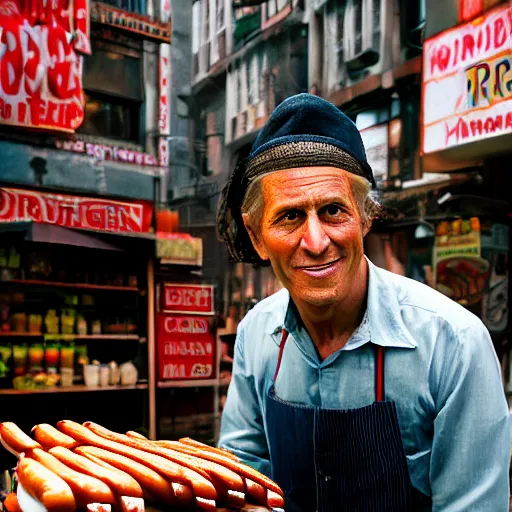 Prompt: closeup portrait of a shady snake oil salesman selling hotdogs in a smoky new york back street, by Annie Leibovitz and Steve McCurry, natural light, detailed face, CANON Eos C300, ƒ1.8, 35mm, 8K, medium-format print