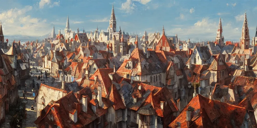 Prompt: hyper realistic oil painting of a medieval city made out of white and red houses, hyper detailed, high contrast, bright, summer, blue skies, by Greg Rutkowski, trending on artstation