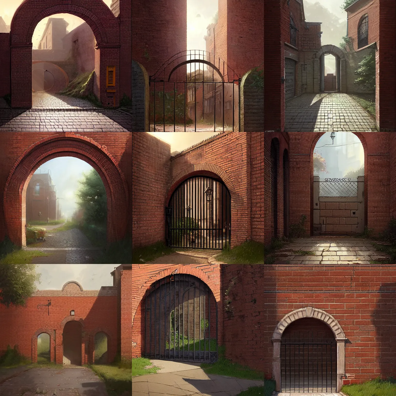 Prompt: brick wall with a circular gate that leads to a suburban street. framed, centralized urban fantasy, high detailed digital art trending in artstation. artist greg rutkowski