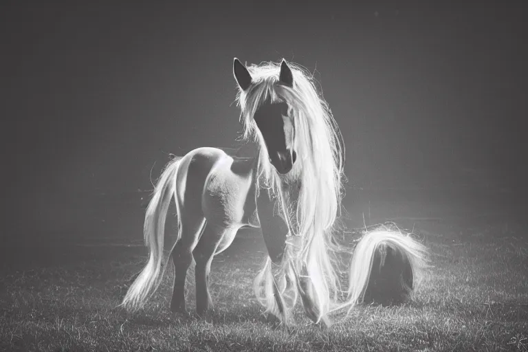 Image similar to Pinkie Pie equine, view from behind, pony facing away, professional photography and mood lighting, equine photo, sitting down, flowing mane and tail, relaxed expression