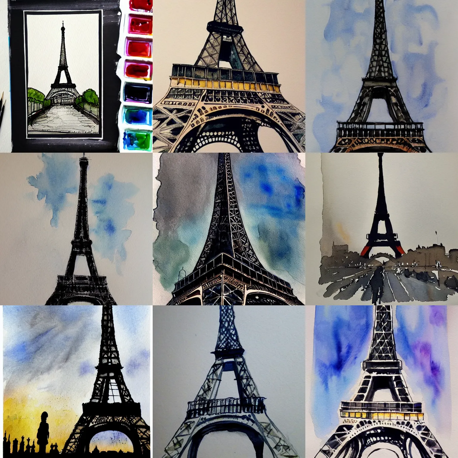 Prompt: the eiffel tower standing in london, watercolor with ink painting, trending on art station, highly detailed, dramatic lighting