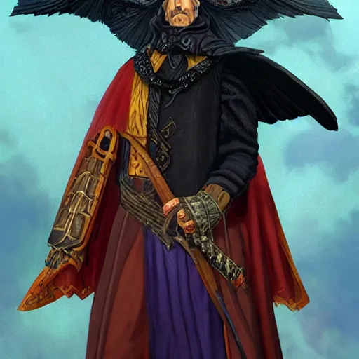 Image similar to Meneldas the Magnificent, a proud wizard with a raven familiar, 8k resolution, full-length portrait, digital painting, fantasy illustration by Brom, D&D character art