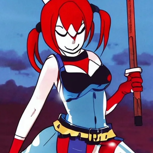 Prompt: anime harley quinn wielding a hammer, Miyazaki, dc comics, action,