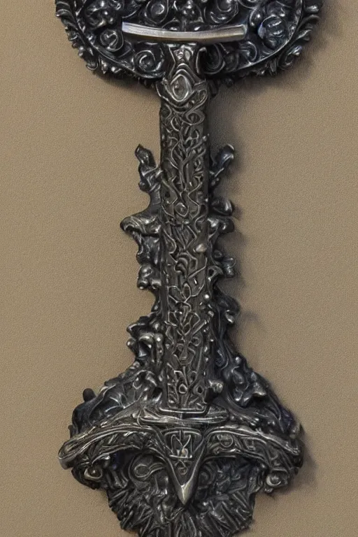 Image similar to sword of justice hanging on a wall, ornate gem in pommel, engraved blade