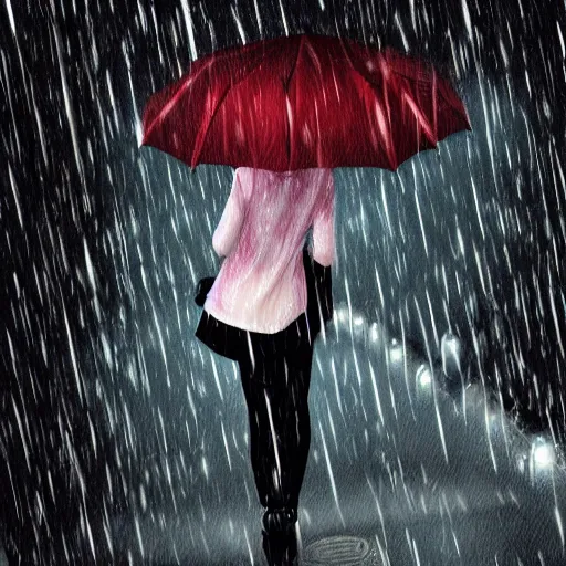 Image similar to realistic anime digital art, holding an umbrella in the rain