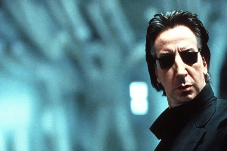 Image similar to film still of Alan Rickman as Neo in The Matrix 1999