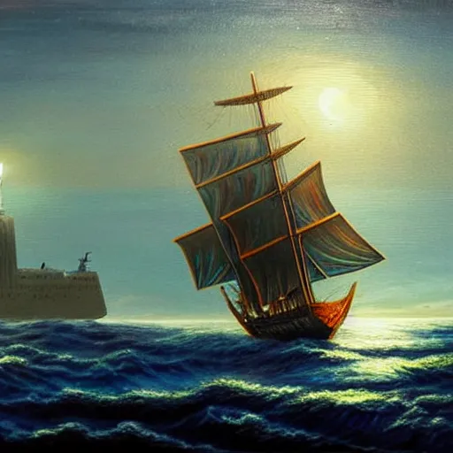 Image similar to a sailing ship off the shore of a beautiful coast with a distant ominous biopunk tower filled with evil technology glowing in the distance, painting by John Berkley