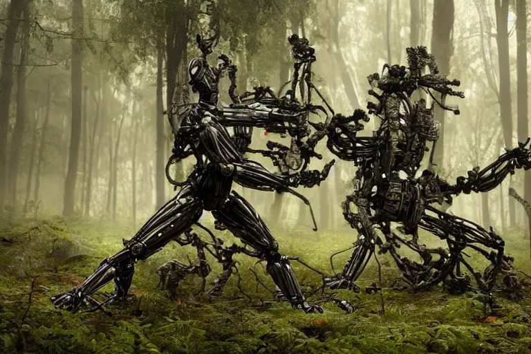 Image similar to 1 0 0 0 0 humanoid robots fighting in the forest, hyper realistic, ambient lighting, concept art, intricate, hyper detailed, smooth, dynamic volumetric lighting, octane, raytrace, cinematic, high quality, high resolution, 4 k, cgsociety, rutkowski, gurney, h. r. giger!!!