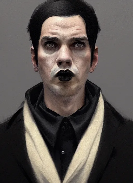 Image similar to portrait of a round faced man with a crooked nose and a confident expression, 1 9 6 0 s, black clothes, goth, punk, funk, intricate, elegant, highly detailed, digital painting, artstation, concept art, smooth, sharp focus, illustration, art by wlop, mars ravelo and greg rutkowski