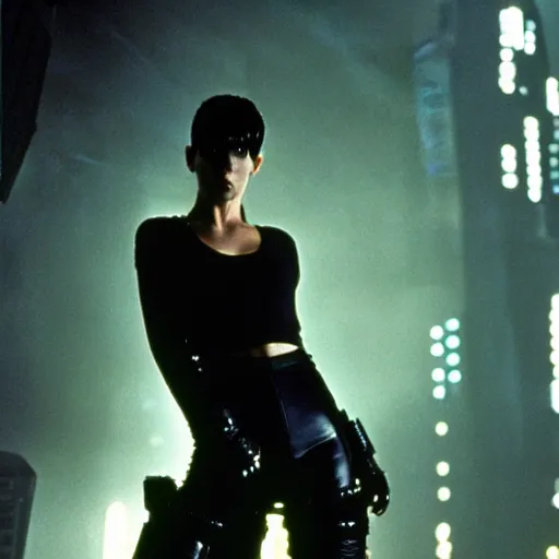 Prompt: jennifer connely photograph by ridley scott, sexy black shorts, wearing black boots, wearing a cropped top, 4 k quality, blade runner, highly detailed, movie still, intense, cyberpunk, hq