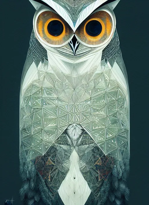 Image similar to portrait of a geometric owl, identical eyes, medium shot, illustration, full body made of white feathers, symmetrical, art stand, super detailed, cinematic lighting, and its detailed and intricate, gorgeous, by peter mohrbacher