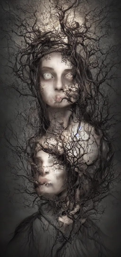 Image similar to dramatic matte portrait painting of woman with black mandelbrot fractal instead of face, horror, body horror, dark art, 4 k, detailed, realistic, psychotic, insane, crazy, mental illness, dramatic,