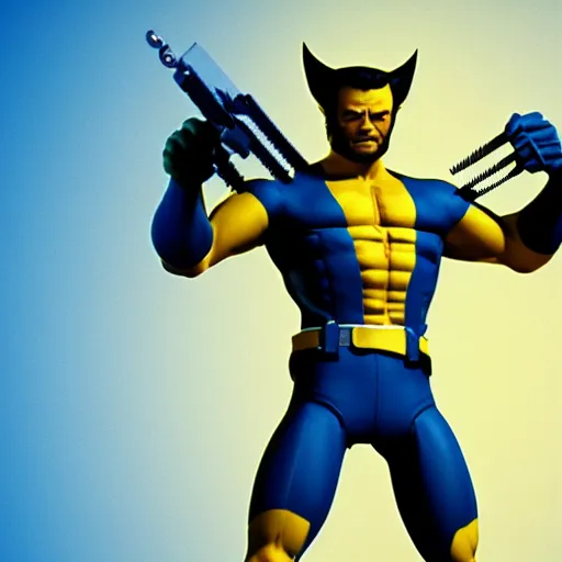 Image similar to 8 0 s, vhs, vintage movie, clint eastwood as wolverine in blue and yellow costume, octane render, beautiful composition, trending on artstation, award - winning photograph, masterpiece