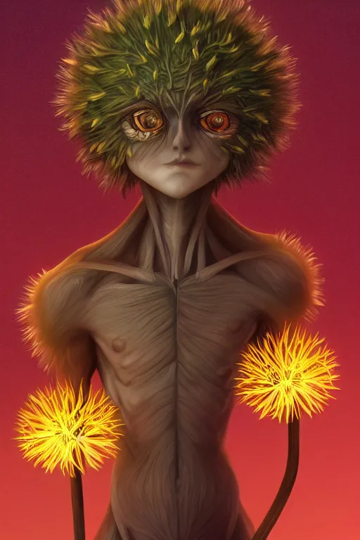 Image similar to a humanoid figure dandelion plant monster, amber eyes, highly detailed, digital art, sharp focus, ambient glow, trending on art station, anime art style