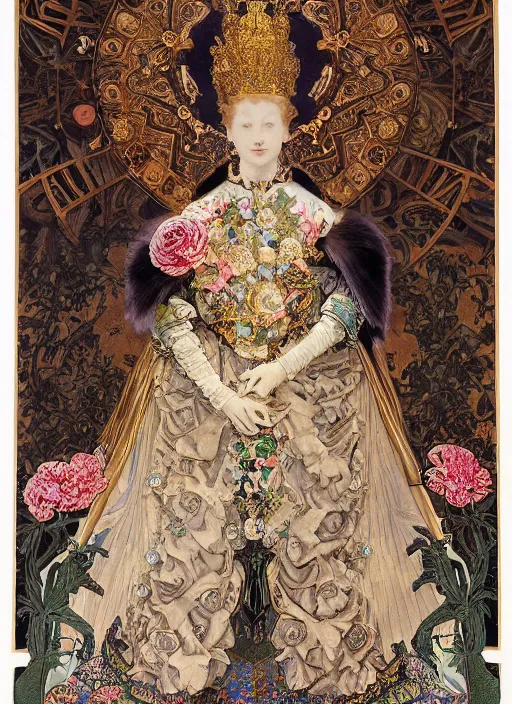 Image similar to a magnificent robot young queen elizabeth of england, neo - rococo gilded engraved armor with precious stones, a heavy richly embroidered velvet cloak, with lush rose bush all around, by victor ngai, alphonse mucha, william bouguereau, william morris, symmetrical features, symmetrical pose, wide angle shot, head to toe, standing pose, feet on the ground