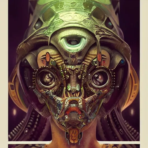 Image similar to An Alien Robot Mayan Ruler, facial tattoos, artists portrait, biomechanical, wild jungle, fantasy, highly detailed, digital painting, concept art, sharp focus, depth of field blur, illustration, art by artgerm and greg rutkowski and alphonse mucha