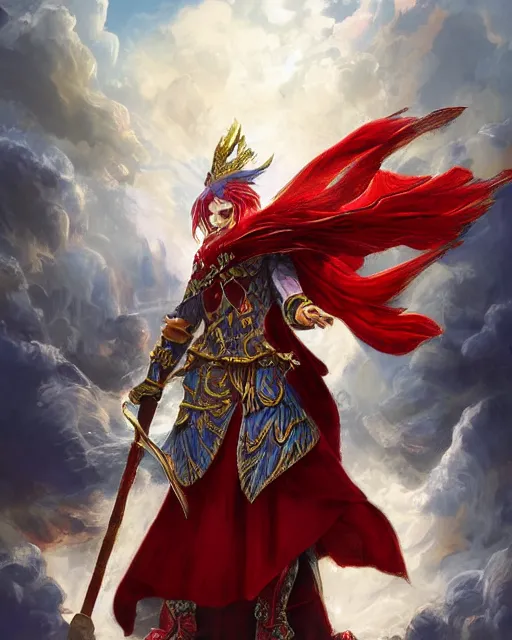 Image similar to A Full View of a Red Mage wearing red white and gold striped magical shining armor and a feathered hat holding a staff of power with a gemstone topper surrounded by an epic cloudscape. Magus. Red Wizard. Magimaster. Conquistador armor. Red and white striped cape. Fantasy Illustration. masterpiece. 4k digital illustration. by Ruan Jia and Mandy Jurgens and Artgerm and greg rutkowski and Alexander Tsaruk, award winning, Artstation, art nouveau aesthetic, Alphonse Mucha background, intricate details, realistic, panoramic view, Hyperdetailed, 8k resolution, intricate art nouveau