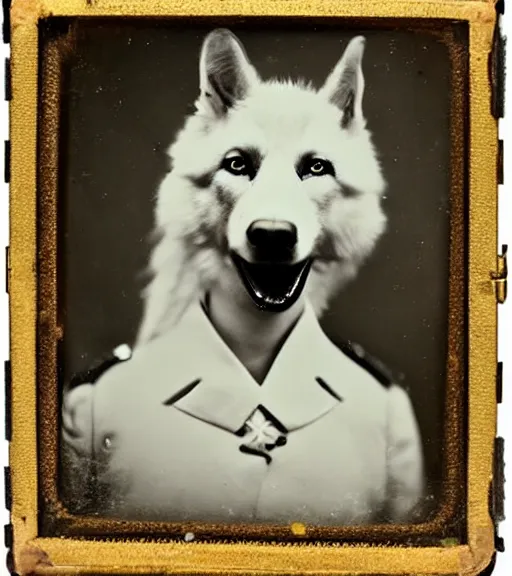 Image similar to professional studio photo portrait of anthro anthropomorphic albino german shepard head animal person fursona serious wearing elaborate military general uniform clothes degraded medium by Louis Daguerre daguerreotype tintype