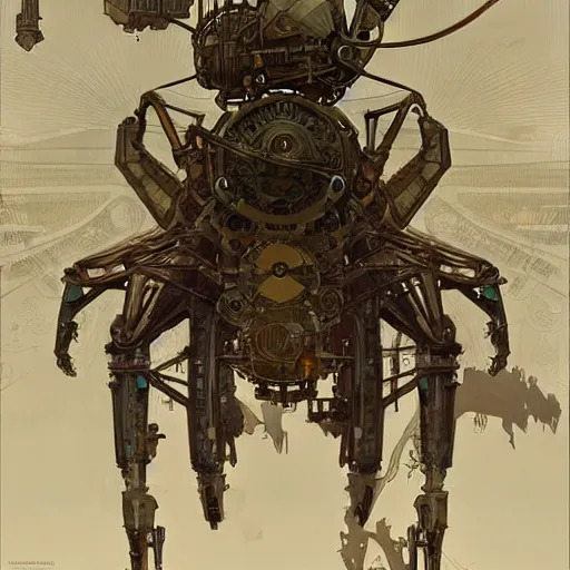 Image similar to Large steampunk mechanical spider, sci-fi art by alphonse mucha and greg rutkowski, highly detailed, digital painting, concept art, illustration, dim lighting, trending on artstation, very detailed, smooth, sharp focus, octane render