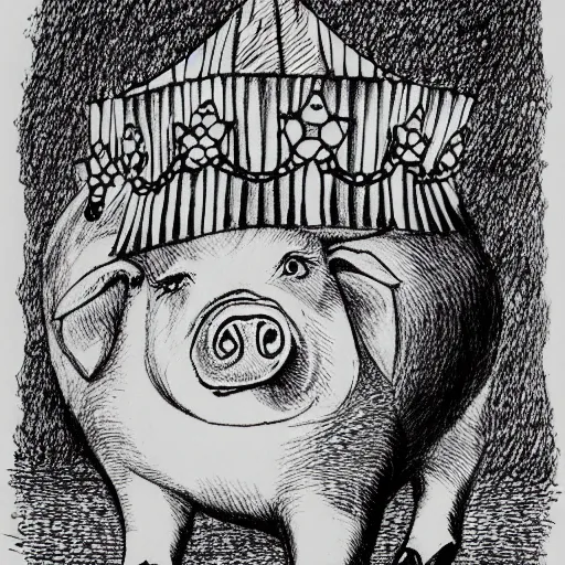 Image similar to walking pig wearing crown ink drawing black and white 35mm