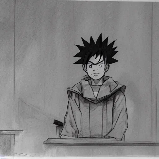 Prompt: young man in naruto costume and with saiyan hair on a trial in a court, courtroom sketch