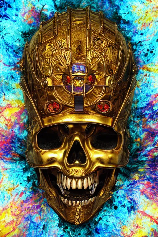 Prompt: 35 mm lens photo of chthonic skull lsd colors wearing a golden roman helmet with sharp teeth and rgb background smoke, direct sunlight, glowing, vivid, detailed painting, Houdini algorhitmic pattern, by Ross Tran, WLOP, artgerm and James Jean, masterpiece, award winning painting