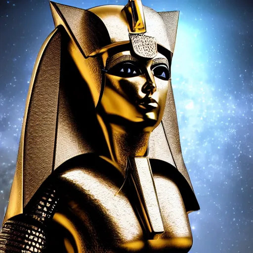 Image similar to a character in an egyptian themed futuristic metal suit, super hero, armor, sleek, beautiful face, cinematic pose, sci - fi art