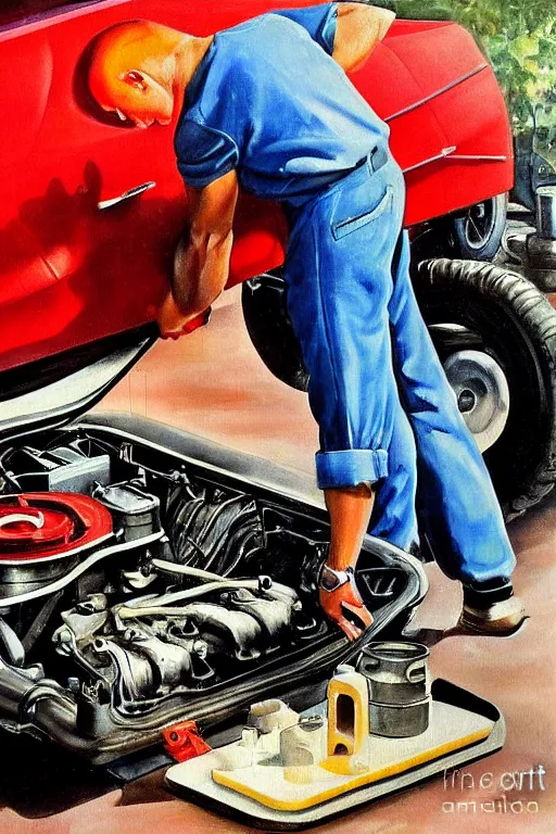 Image similar to muscular mechanic fixing a car engine painting by arnold armitage, cool colors,