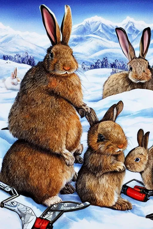 Image similar to rabbits with chainsaws on the snowy mountains. realist. high detail