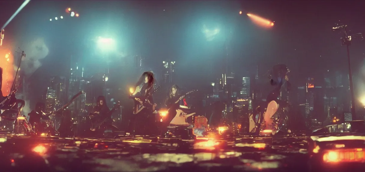 Prompt: The wide shot of disco rock Asian band with long dark hair playing on guitars while Godzilla and aliens destructs the night city, Godzilla on the horizon line, by Lubezki, Christopher Doyle and David Lynch, anamorphic 35 mm lens, cinematic, anamorphic lens flares 4k