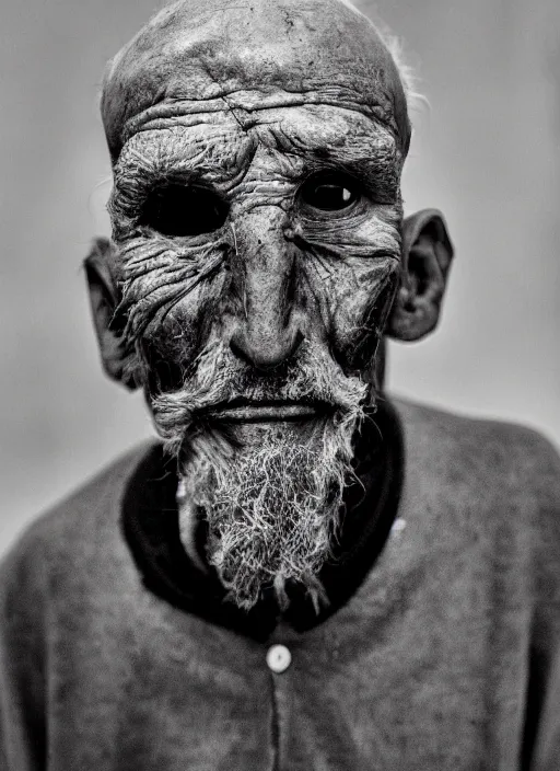 Image similar to A portrait photo of a very old cyclope man , high contrast, black and white